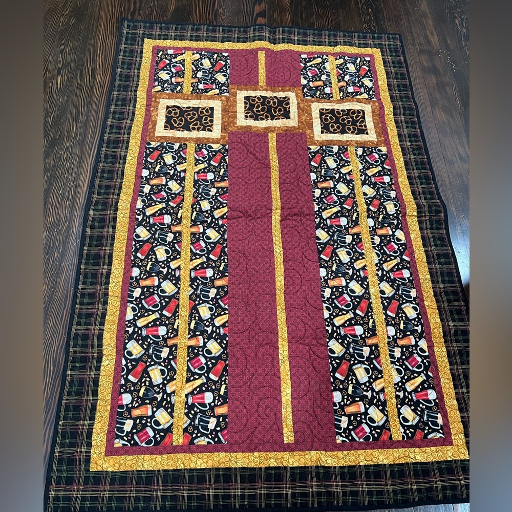 Handmade decorative quilt with beer and snacks design!